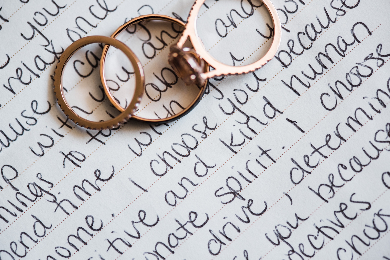 Wedding rings in rose gold, gold, and morganite on handwritten wedding vows.