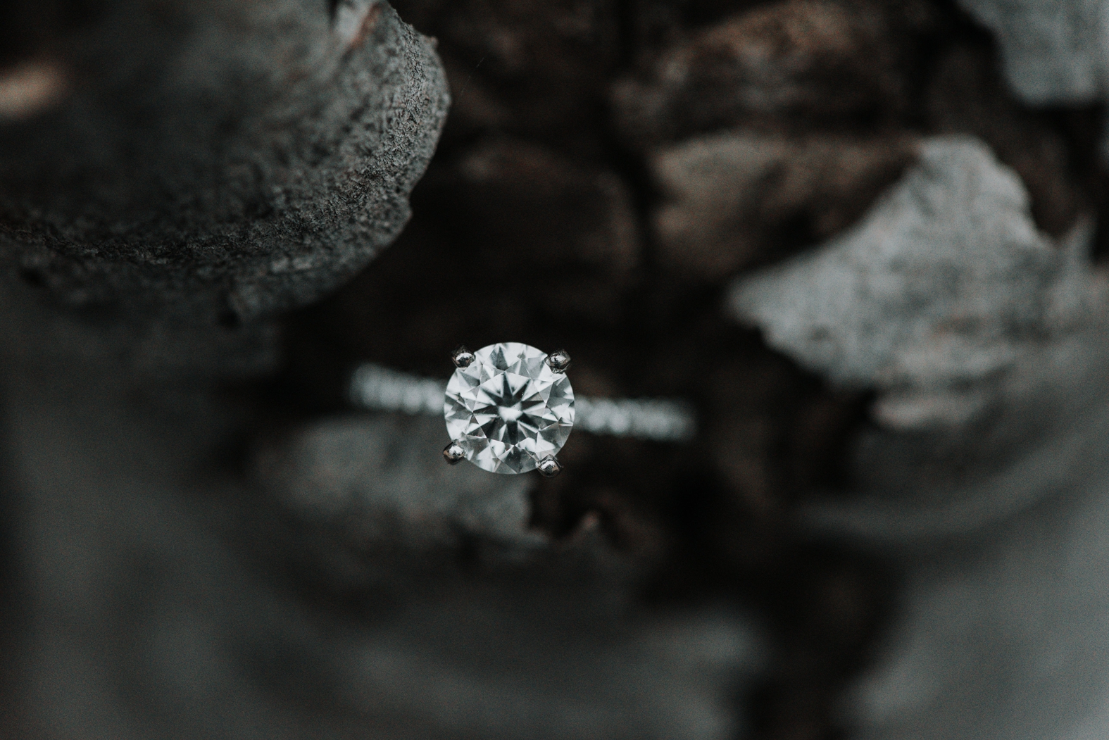 Close up shot of a solitaire engagement ring set inside dark rocks in downtown St. Louis.