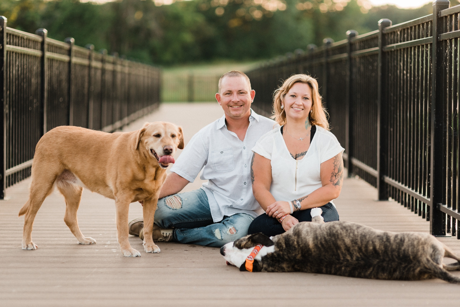 Engaged bride and groom sit and pose with their dogs on a bridge during their engagement photo shoot in Broemmelsiek Park in St. Charles, MO.